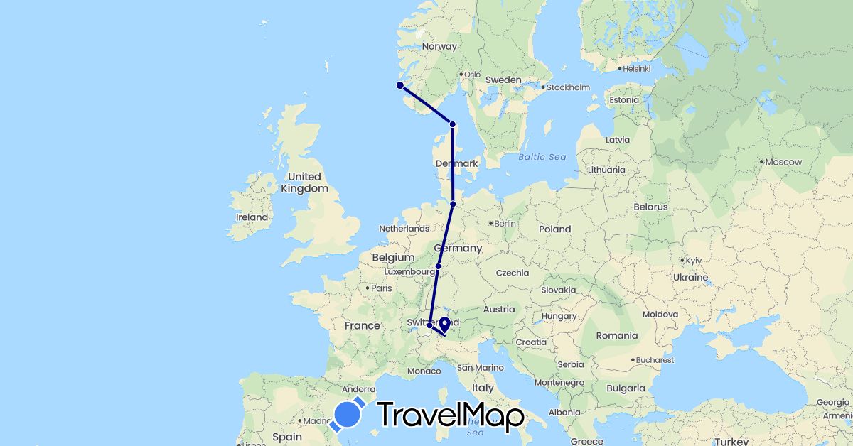 TravelMap itinerary: driving in Switzerland, Germany, Denmark, Italy, Norway (Europe)