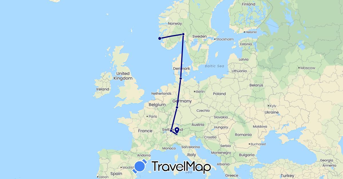 TravelMap itinerary: driving in Switzerland, Germany, Italy, Norway (Europe)